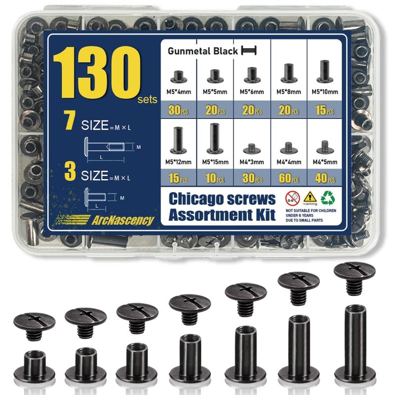 ArcNascency Store 130 Sets Gunmetal Black Chicago Screws Leather Rivets Kit, 7 Sizes (M5*4,5,6,8,10,12,15) & 3 Screw Lengths (M4*3,4,5) for Belts, Bookbinding, DIY Leather - Image 1
